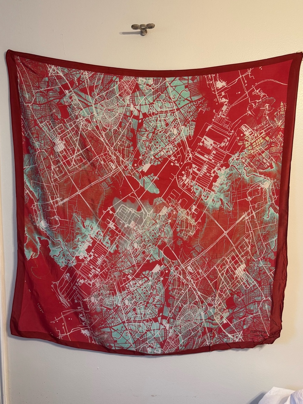 Oversized Red and Teal Abstract Map Silky Scarf.